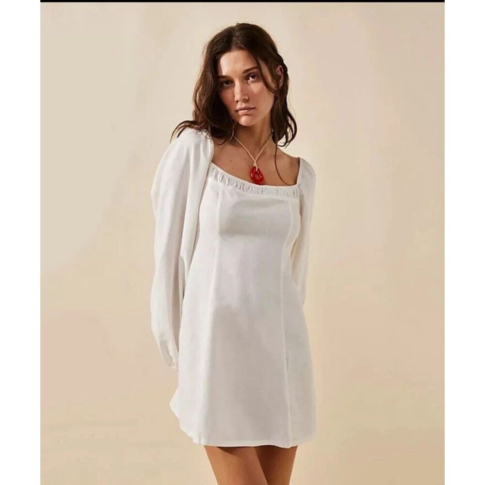 NWT Free People Mini Dress Ivory Linen Cotton Puff Sleeve Bridal Women sz Large
